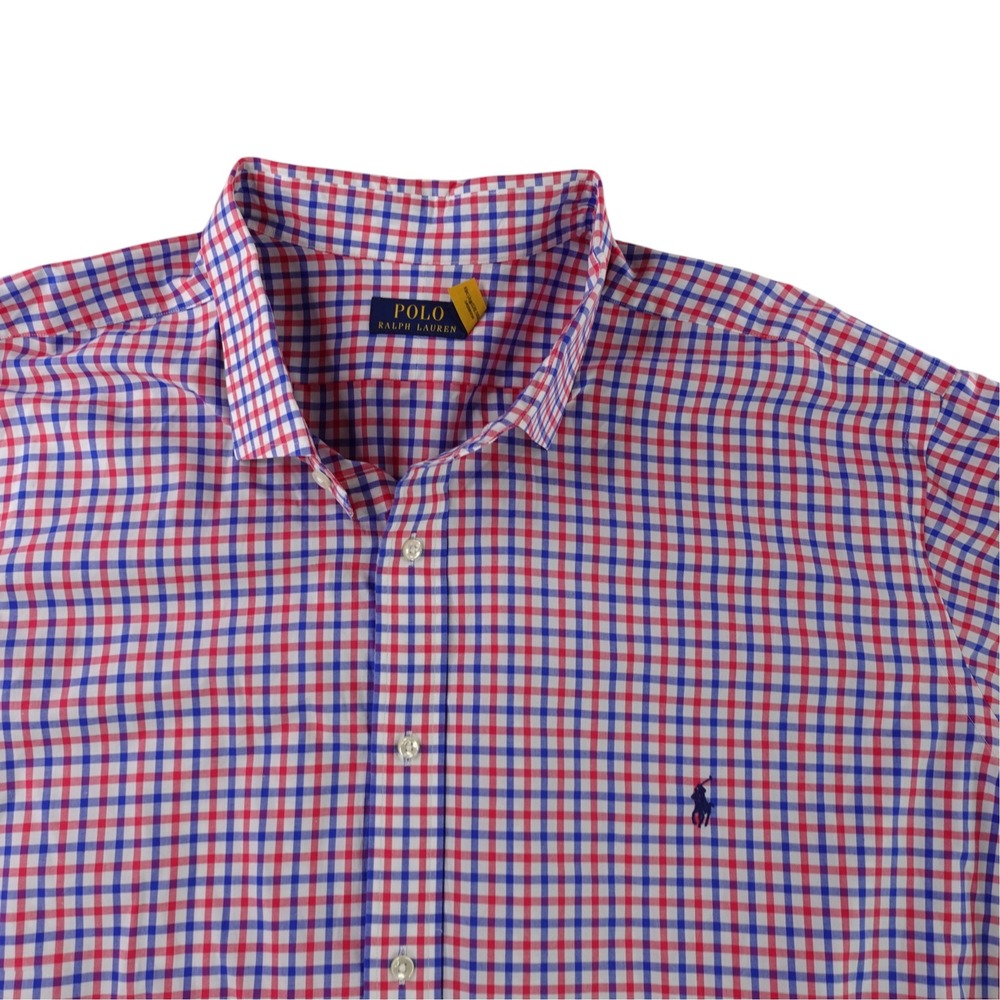 Polo Ralph Lauren Button Down Shirt Men 4XB Red Blue Gingham Stretch Long Sleeve